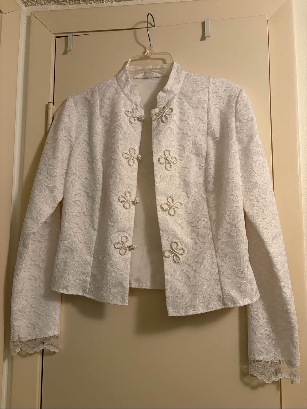 White Lace Mandarin Collar Blazer with Frog Closures